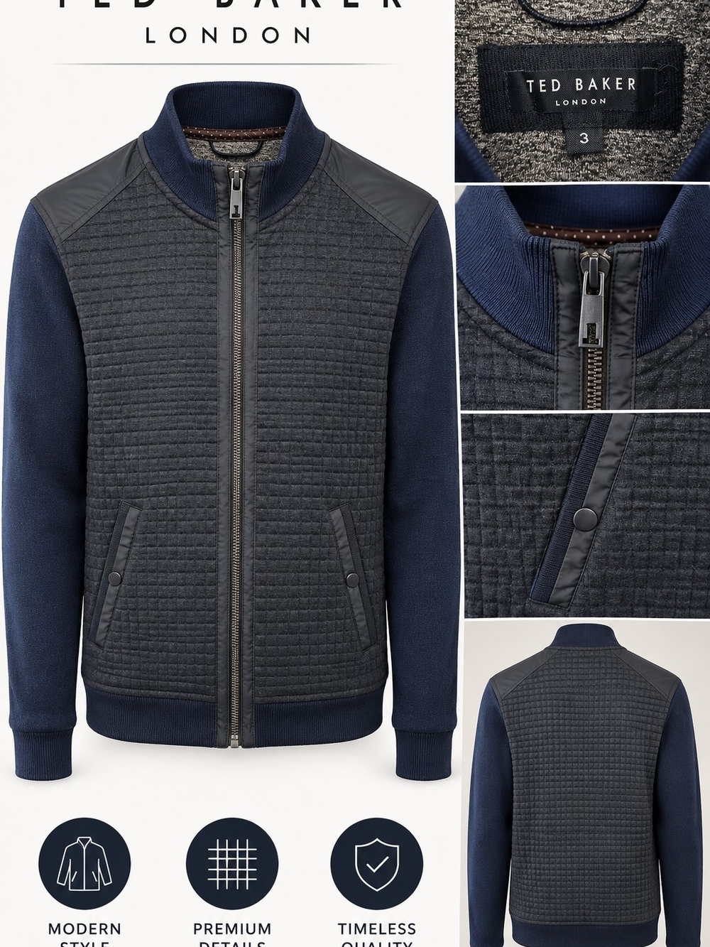 Ted Baker Navy & Charcoal Quilted Bomber Jacket